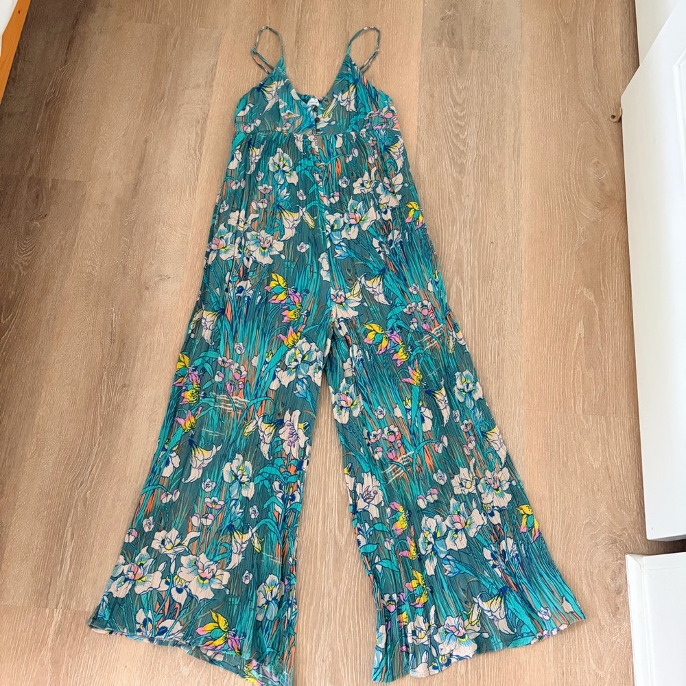Anthropologie Akimi+Kin Vibrant Teal Floral Wide-Leg Jumpsuit- XS